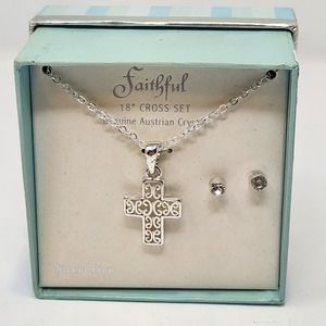 Cross Pendant silver tone chain Necklace Crystal Stud Earrings Jewelry Gift Set
